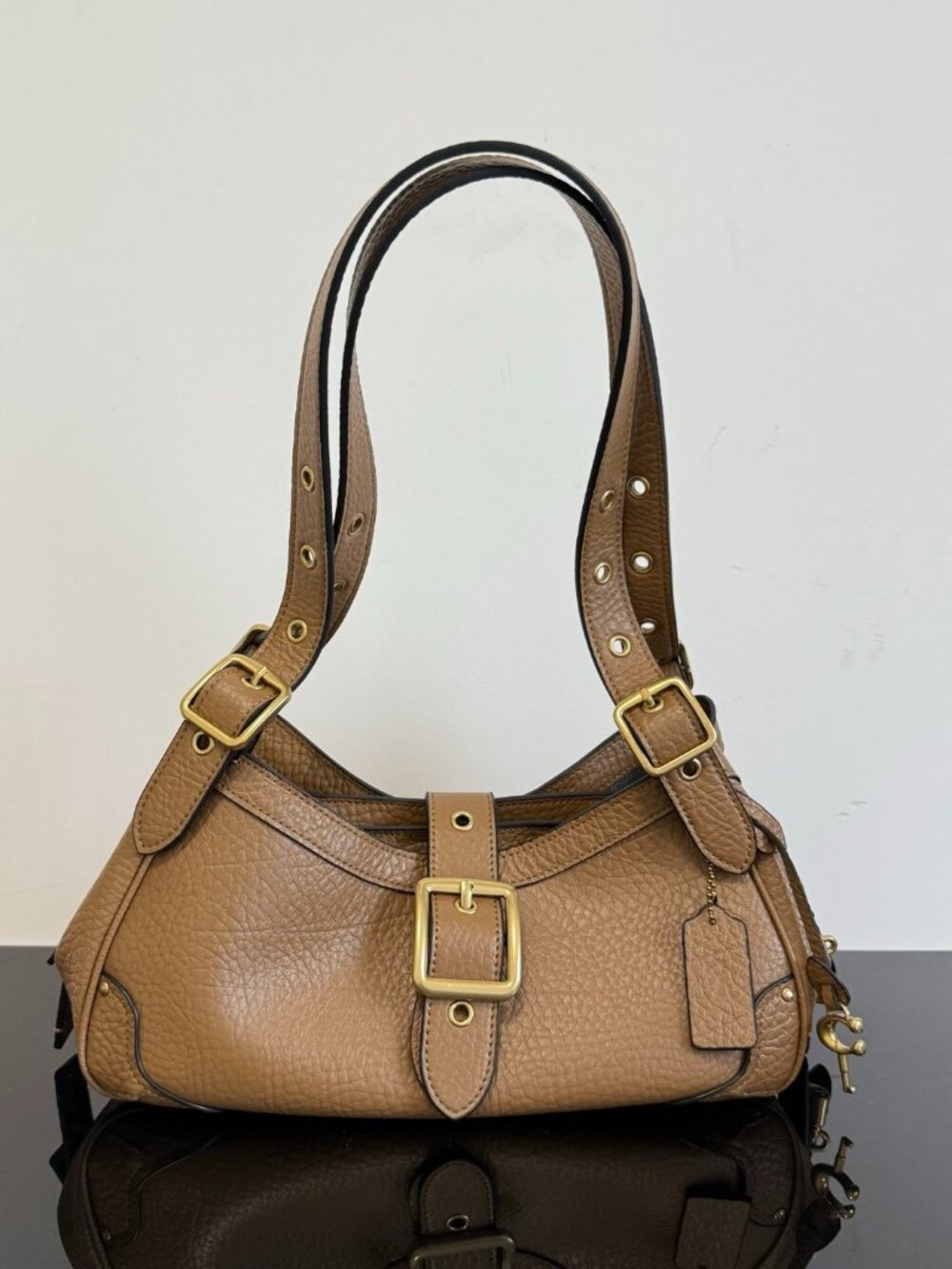 Coach Tan Leather Shoulder Bag with Buckle Details